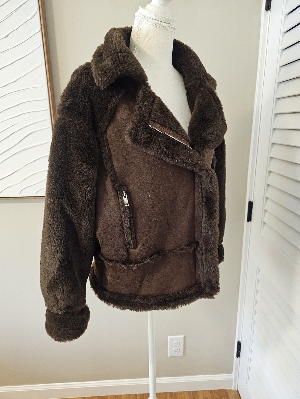 Chasing Unicorns Boho Oversized Bomber Jacket Faux Shearling Lined Size S/M
